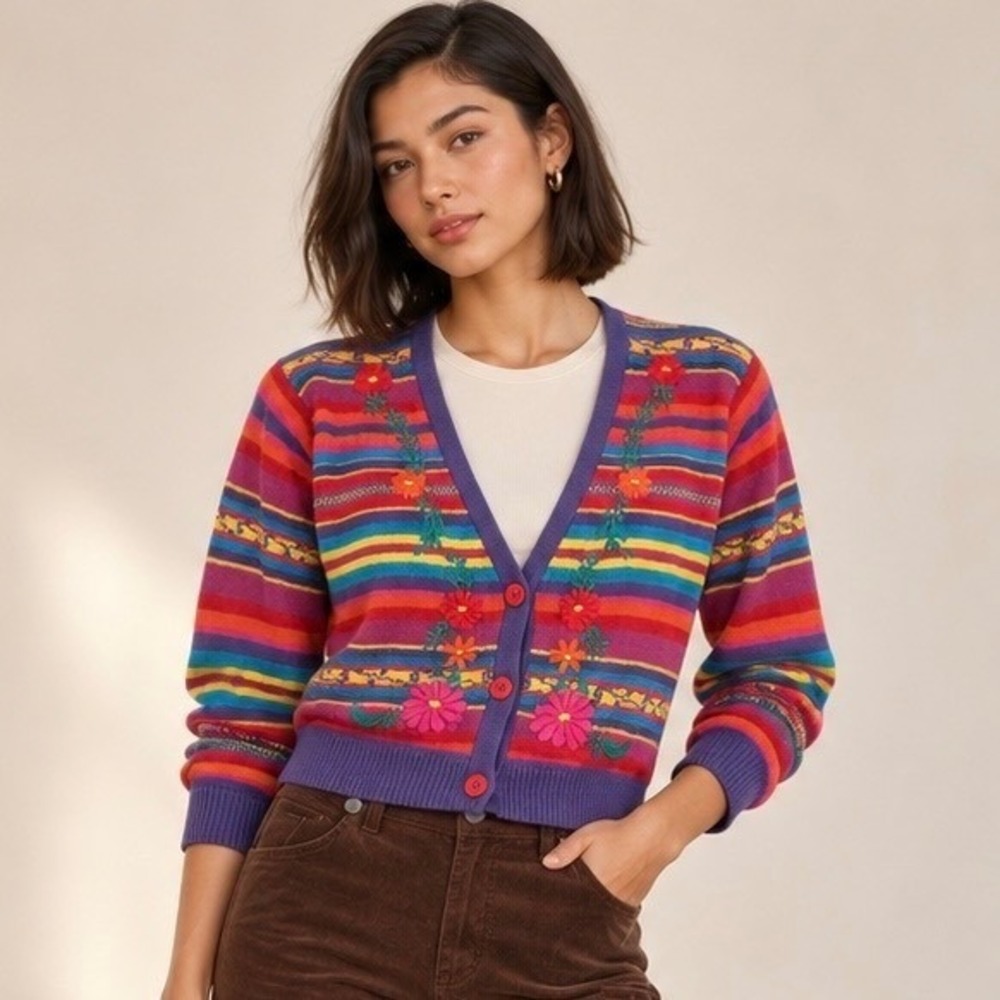 Vintage 90s MY Cardigan Rainbow Stripe Floral Embroidered Maximalist Boho L